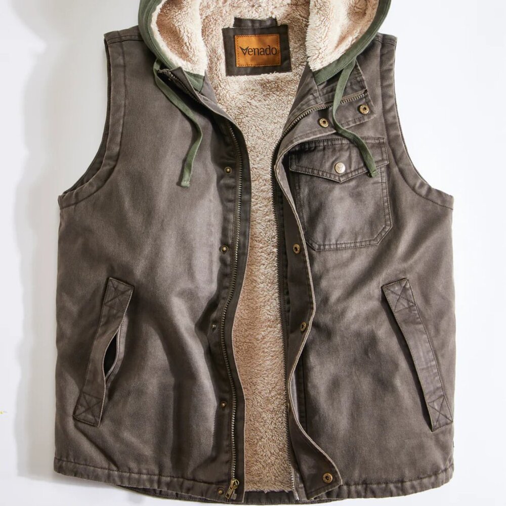 Men's Sherpa-Lined Hooded Utility Vest - Olive